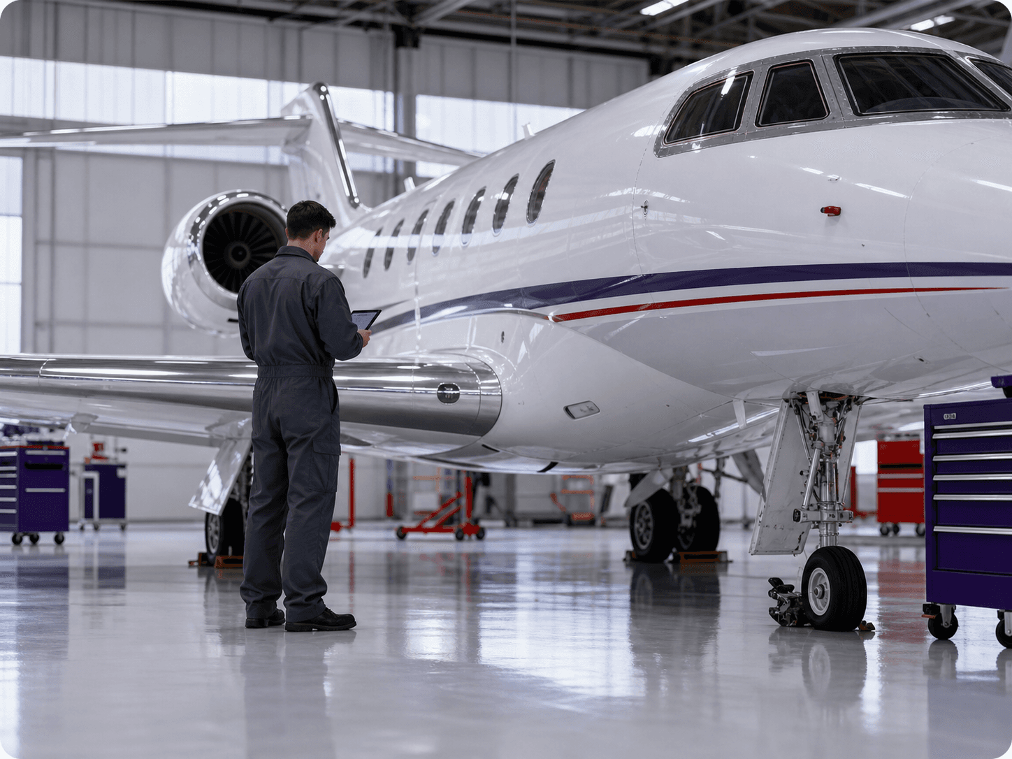 Aviation engineer inspecting a business aircraft