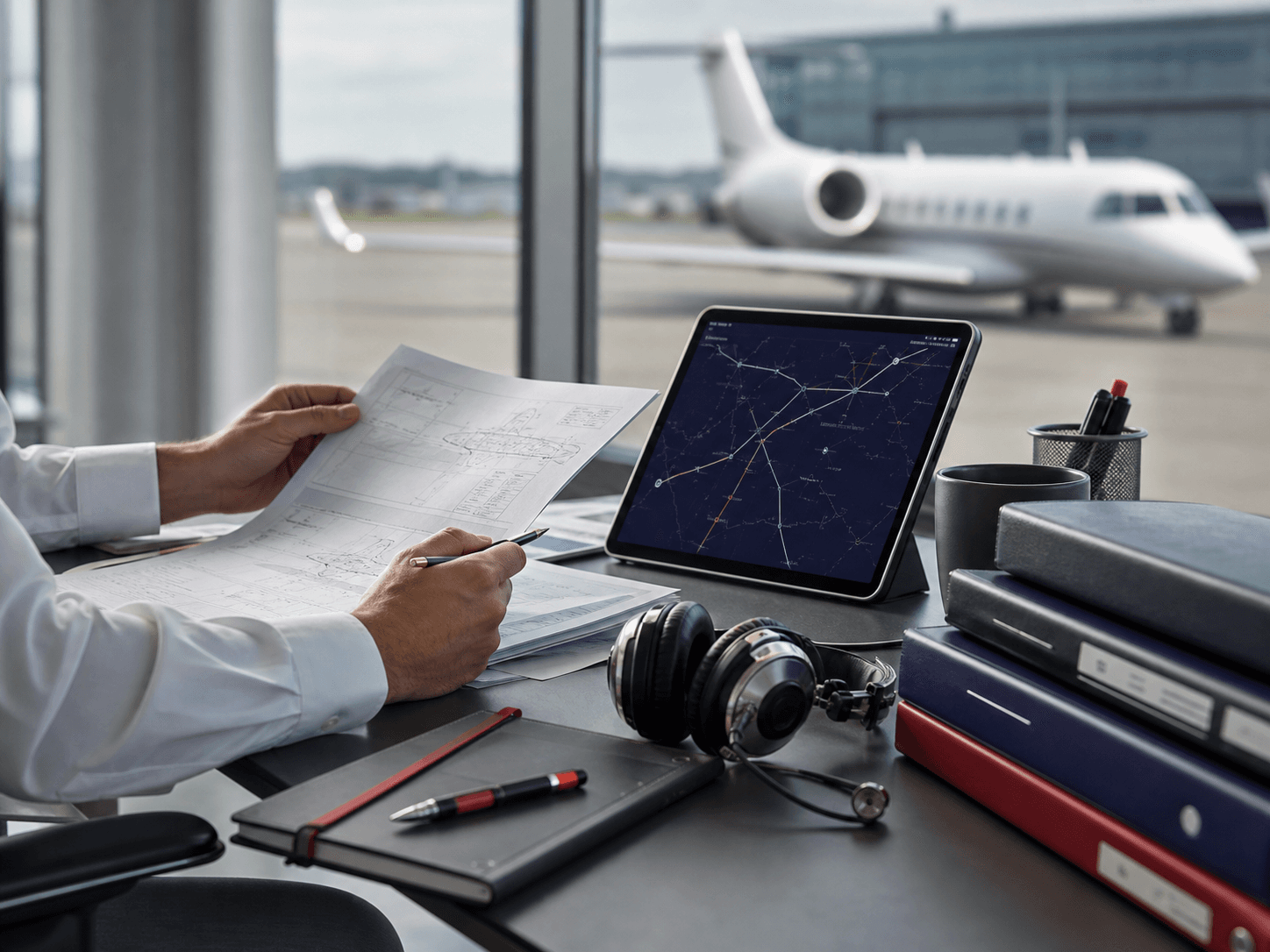 Aviation technical documentation being reviewed