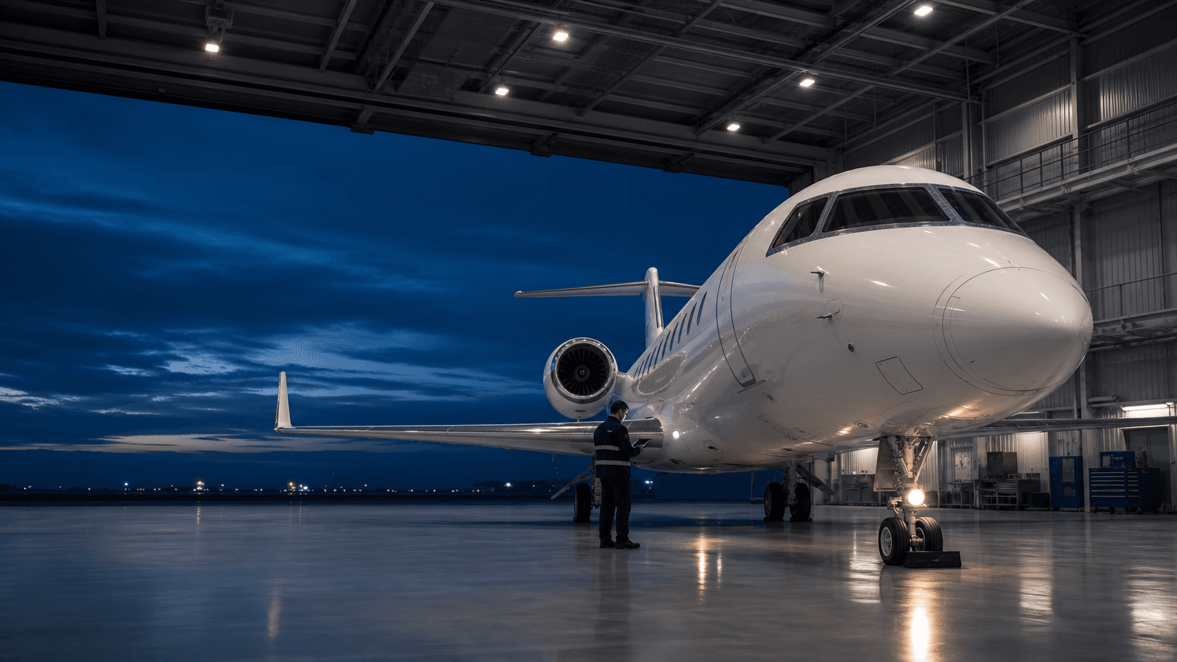Business aircraft inside a modern maintenance hangar